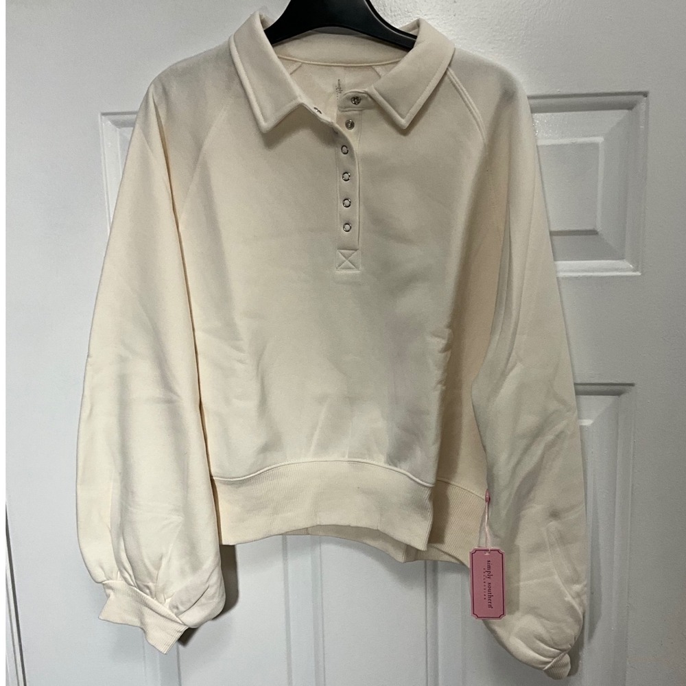 Simply Southern Pearl White Snap Button Polo Sweatshirt Puff Sleeve Medium NWT